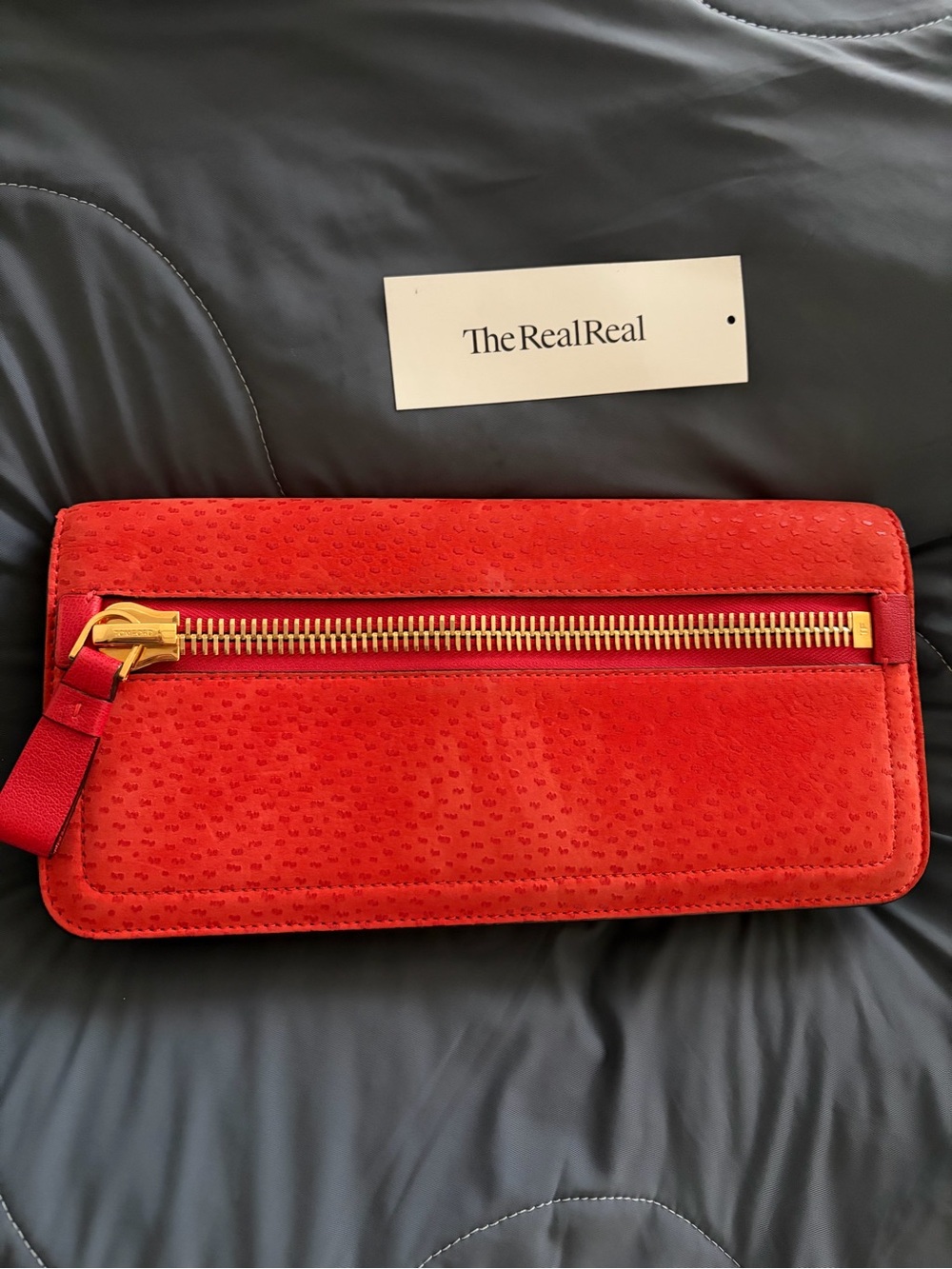 Tom Ford Burnt Orange Ostrich Embossed Gold Statement Zipper Jennifer Clutch Bag